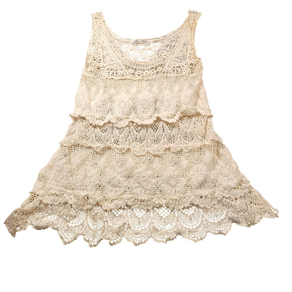Solitaire Tank Top Womens Small White Crochet Lace Boho Tunic Sleeveless Layered
